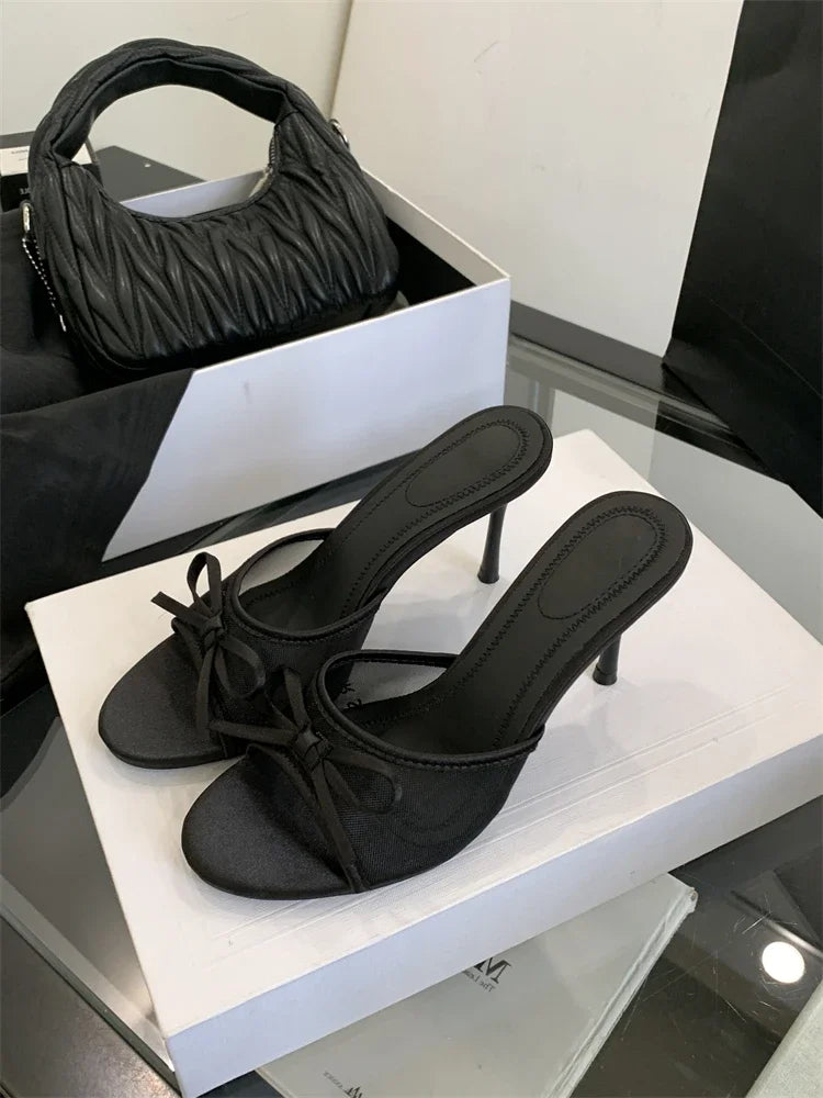 LBSFY -Summer Butterfly-knot Woman Slippers Elegance Stripper Thin Low Heels Ladies Mules Slides Shoes Zapatos De Mujer