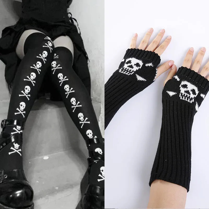 Lbsfy Skull Stockings Gloves Set Punk Women Harajuku Dark Gothic Y2K Long Socks Knee Lolita Girls High Socks Cosplay Accessories