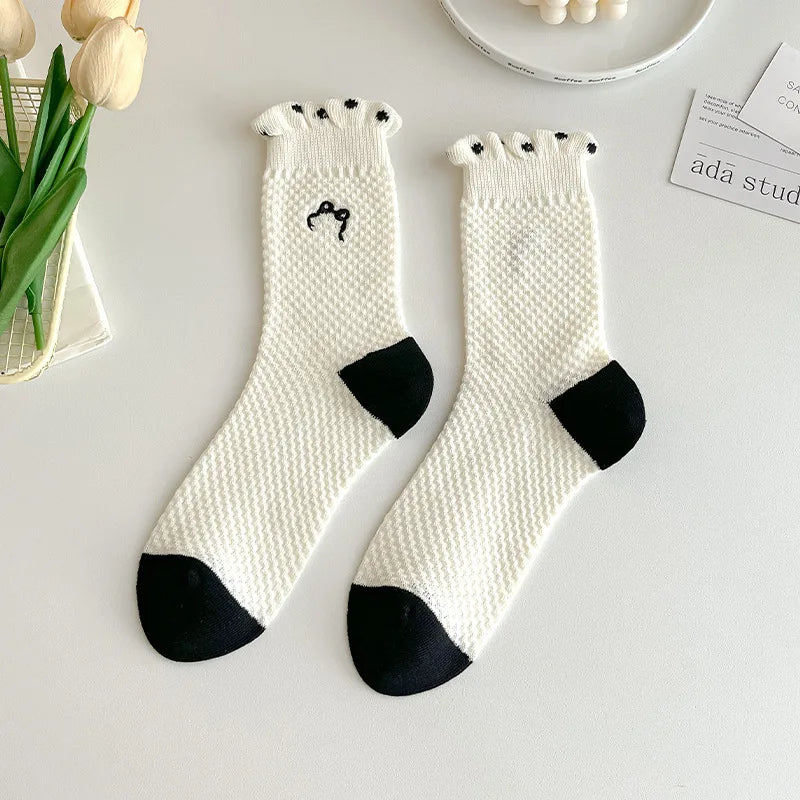 Lbsfy White Socks Women Polka Dot Heart Print Japanese Kawaii Cute Harajuku Street Middle Tube Short Crew Ruffle Socks For Girls Gift