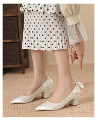 LBSFY  -  Size 30-44 Chunky Heel Pointed Bow High Heels Satin Champagne Color White Wedding Shoes Women Pumps