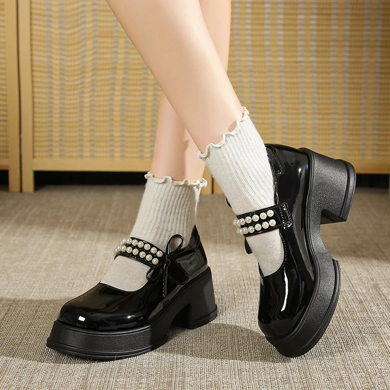 LBSFY -Vintage High Heels Mary Jane Shoes for Women 2025 Patent Leather Platform Pumps Woman Pearls Thick-Heeled Shoes Female