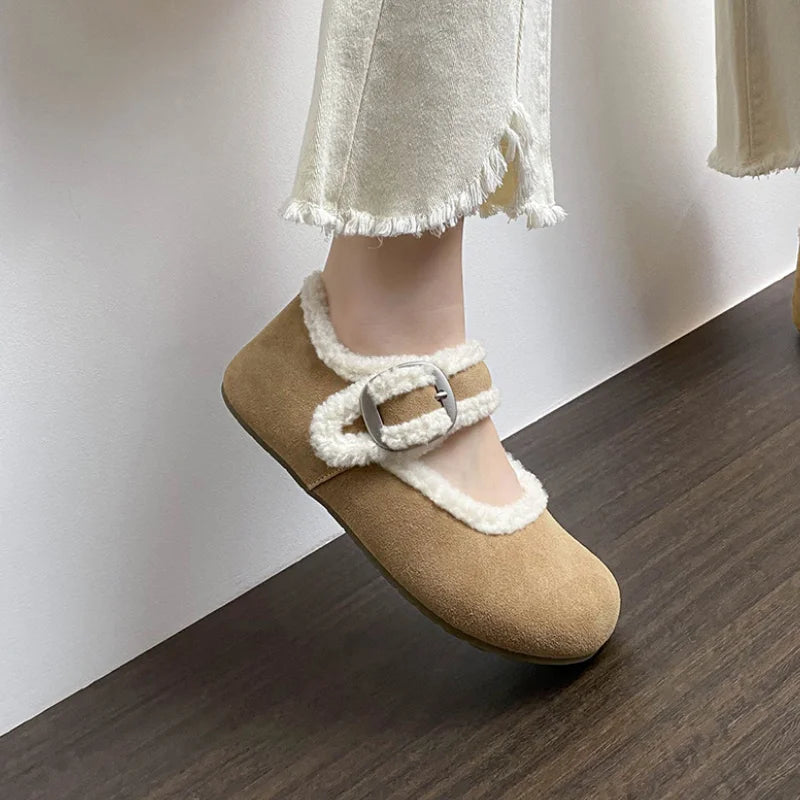 LBSFY  -  Designer Winter Mary Jane Cotton Shoes Women Belt Buckle Fashion Warm Fur Flats Shoes Femme Comfort Soft Sole Ballerina Shoes