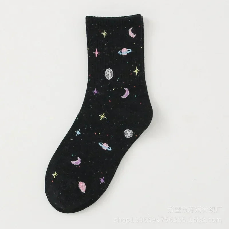 Lbsfy Funny Moon Stars Pattern Socks Women Harajuku Planet Space Tube Sock Female Colorful Sweet Warm Cute Casual Streetwear Meias