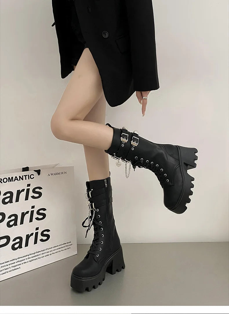 LBSFY -Women's Punk Gothic Boots 2025 Fashion Buckle Chain High Heels Mid Calf Boots Women Black Pu Leather Plus Size 42 Autumn Botas