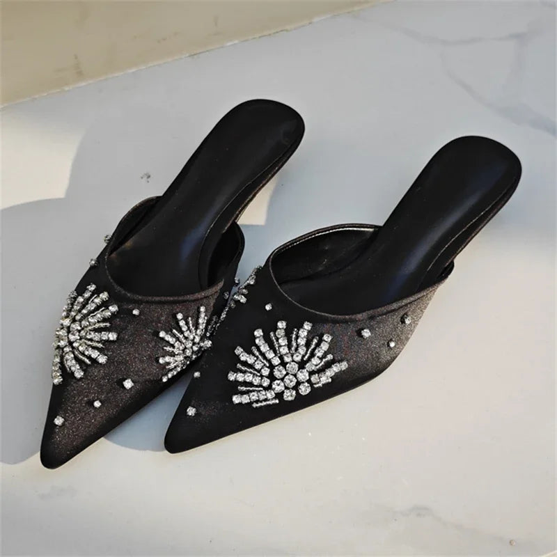 LBSFY  -  Fashion Crystal Diamond Pointed Toe Mules Women Slippers Elegant Thin Low Heels Casual Dress Shoes Large Size 35-43
