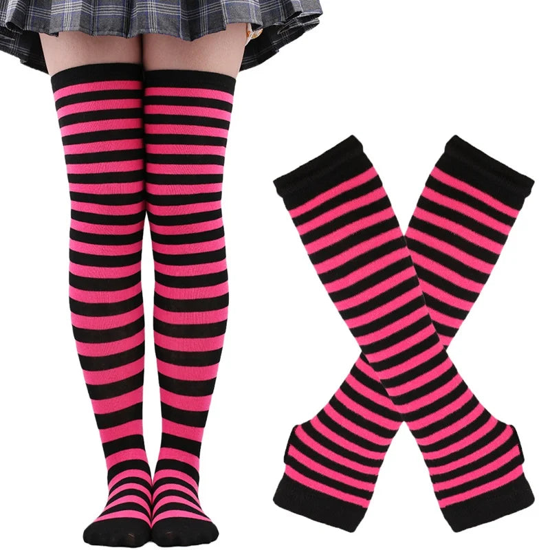 Lbsfy 1 Set Women Girls Over Knee Long Stripe Thigh High Cotton Gothic Lolita Socks Arm Sleeve Gloves Sweet Cute Black Overknee Socks