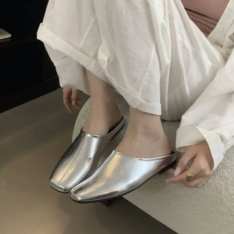 LBSFY - Autumn Women Flat Slipper Ladies Square Toe Slip On Ladies Casual Mules Shoes Flat Heel Outdoor Dress Sandal Shoes