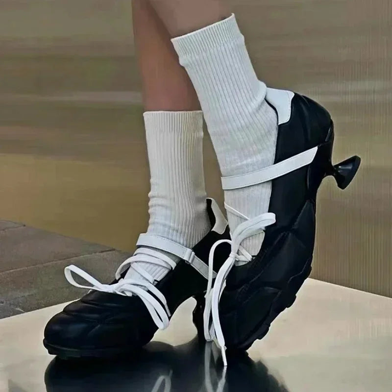 Lbsfy  High Heel Ballet Shoes Women Round Toe Cross Lace Up Strange Shoes Sporty Style Low Heel Mary Jane Shoes Women Pumps
