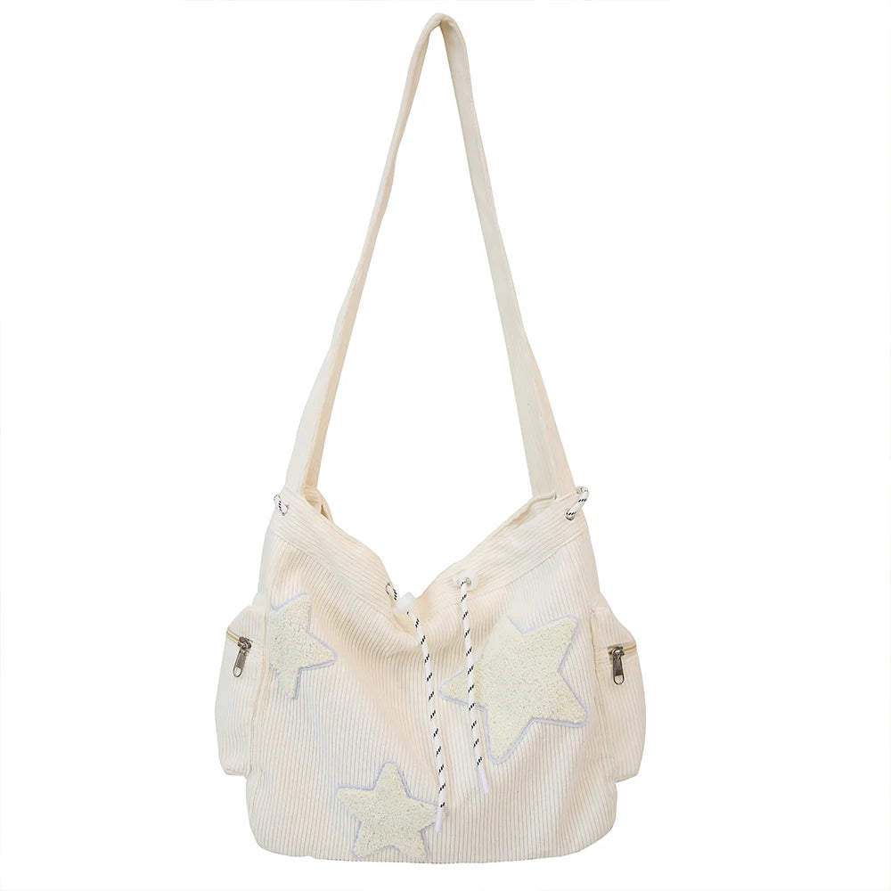 LBSFY -Large Capacity Corduroy Bag, Women's Single Shoulder Casual Five Pointed Star Crossbody Bag, Versatile Tote Bag