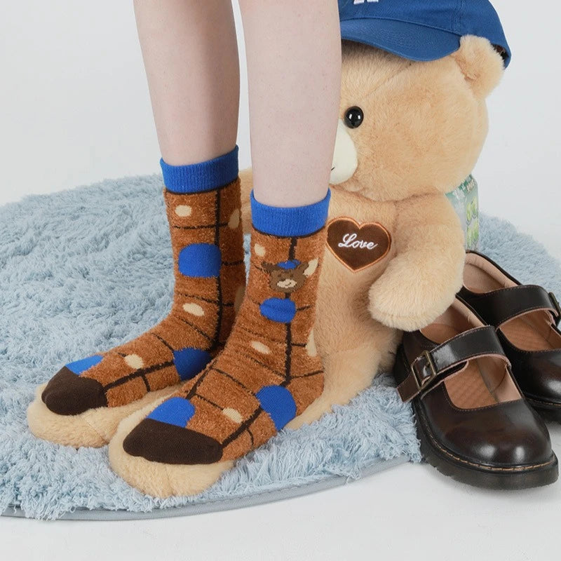 Lbsfy Winter Warm Women's Socks Cute Bear Cartoon Velvet Floor Socks for Women Soft Home Indoor Funky Sock Comfortable High Quality