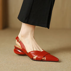 LBSFY  -  2024 New Brand Genuine Leather Sandals Pointed Toe Low Heel Women's Shoes Summer Party Dress Silver Red Footwear Large Size 42