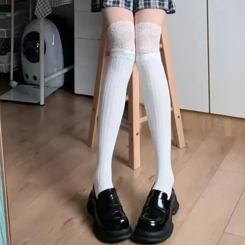 Lbsfy Korean Solid Color Sexy Lace High Stockings Women Girls Thigh High Over The Knee Stockings Lolita Ladies Girls Warm Boot Socks