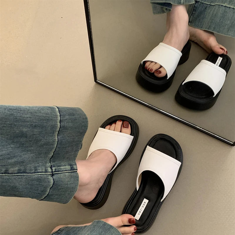 LBSFY  -  2024 Summer Chunky Women Slipper Fashion Open Toe Slip On Ladies Elegant Platform Flats Slides Soft Flat Beach Sandal Shoes