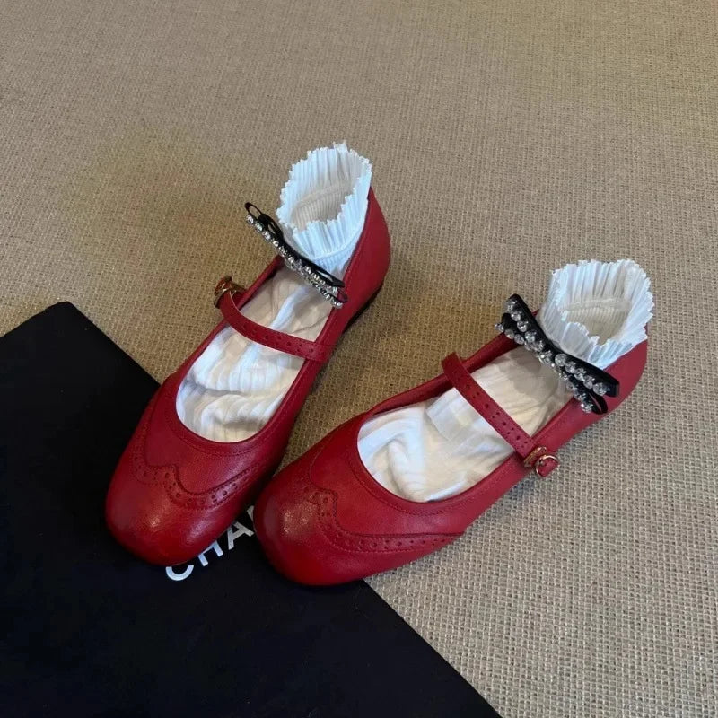 LBSFY -Retro Flat Bottom Mary Jane Shoes Spring Summer New Style Red Slip-On Women's Flats round Toe Low Heel Floral Patterned Pumps