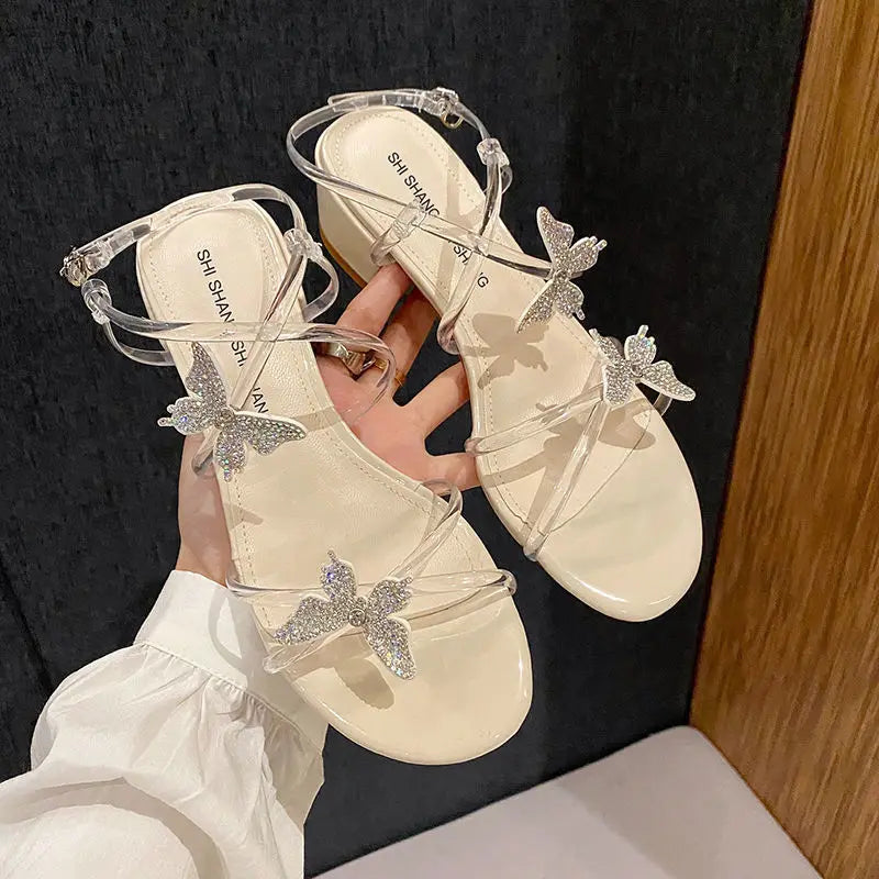 LBSFY  -Sandals for Women Clear Bow Party Weddings Transparent Woman Shoes Diamond with Low Heels Rhinestones Jelly Asian Size on Sale H