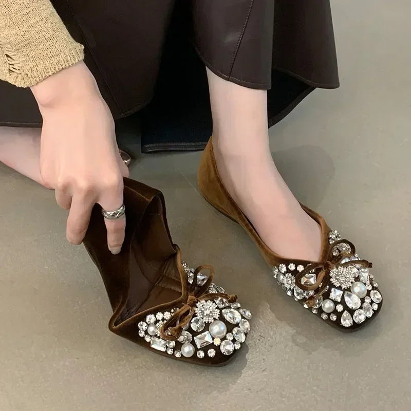 Lbsfy Crystal Pearl Designer Flat Women Shoes Comfort Soft Soled Dress Shoes Leisure Shiny Rhinestones Mules Shoes Zapatos De Mujer