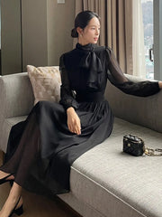 LBSFY -Elegant Midi Dresses for Women Korean Long Sleeves Half High Collar Lace-up A-line One Piece Vestido Mujer Autumn Fashion New