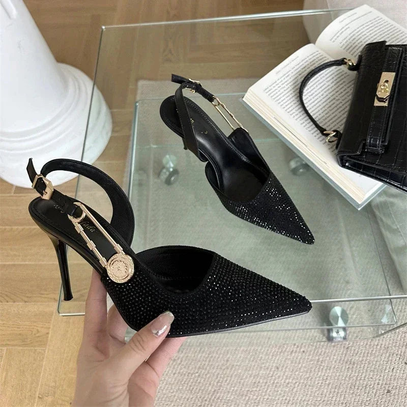 Lbsfy Luxury Rhinestone Sexy Pointed Toe High Heels Women Metal Buckle Shallow Elegant Banquet Party Shoes Mules Pumps Sandals Female
