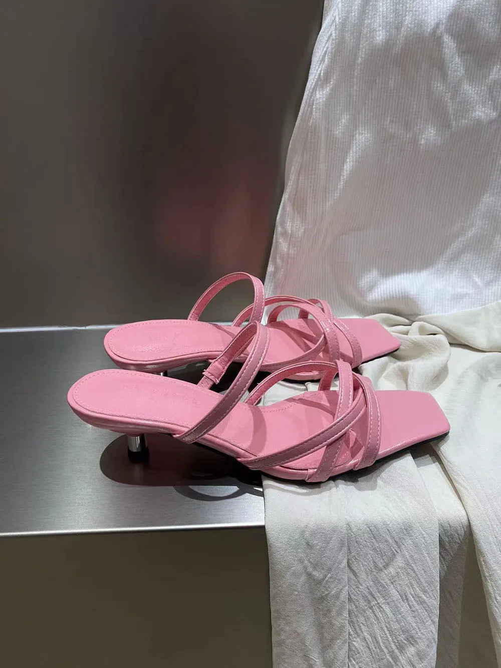 LBSFY  -  Candy Color Women Slides Slippers Open Narrow Band Summer Outside Mules Shoes Thin High Heels Slip On Casual Party Pumps 35-39