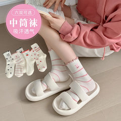 Lbsfy Women Socks Cotton Cute Rabbit Cherry Love Print Striped Ruffle Female Cartoon Animal Embroidery Stockings White Student Socks