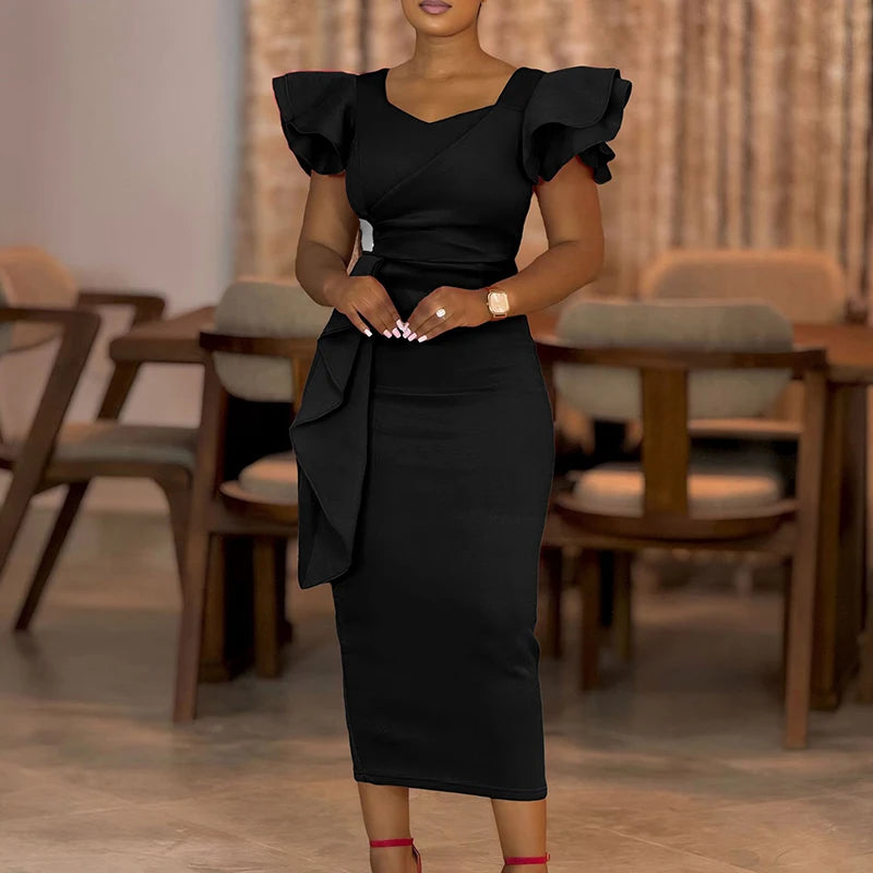 LBSFY  -  2025 Fashion Ruffled Short Sleeved A-line Dress Office Ladies Solid Color Long Dress Elegant Women's V Neck Slim Wrap Hip Dress