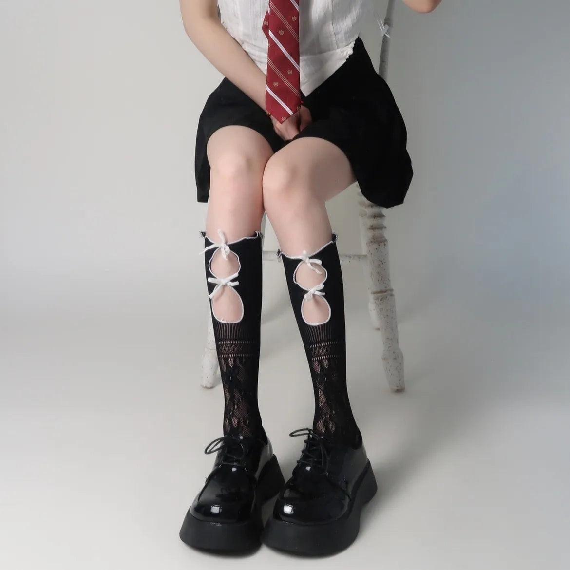Lbsfy Stockings Woman Summer Bowknot Hollow Cute Lolita Socks Medium Length Black/White Stockings Women Lingerie