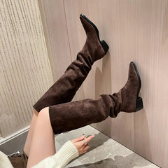 LBSFY  -  2024 New Faux Suede Over The Knee Boots Women Pointed Toe Pleated Thigh High Boots Fashion Long Botas Ladies Daily Shoe