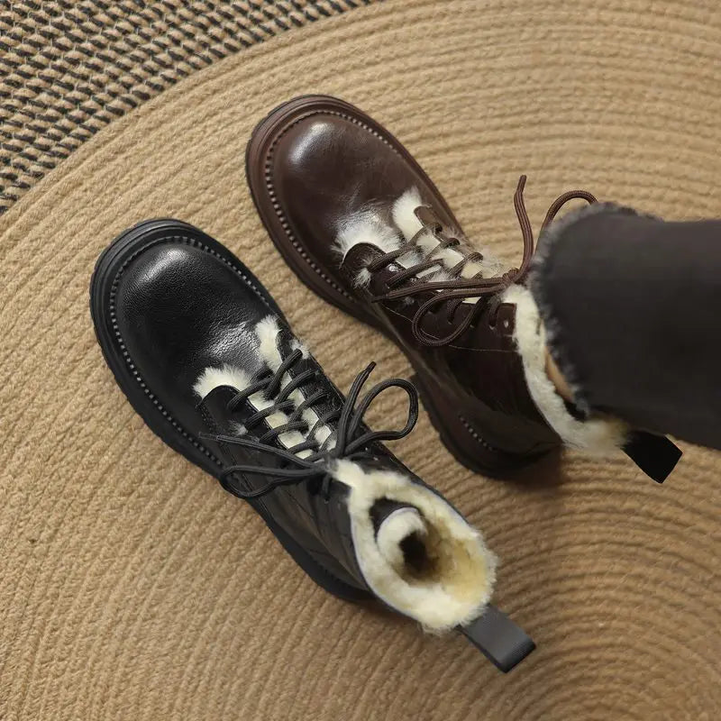 LBSFY  -  Size 34-42 Nature Wool Snow Boots Women Lace Up Round Toe Zipper Winter Boots Fashion Ankle Booties Ladies Shoes