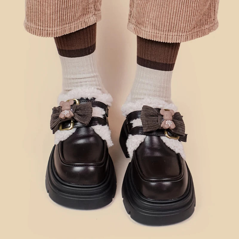LBSFY  -   Cute Girls Uniform Chunky Princess Shoes Female Women Brown Platform Pumps Retro Loafers Winter Warm Plush Shoes