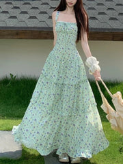 LBSFY -Vintage Elegant Floral Women's Summer Dresses Fashion Lace Up Patchwork Spaghetti Strap Long Dress Bohemain Romantic Vestidos