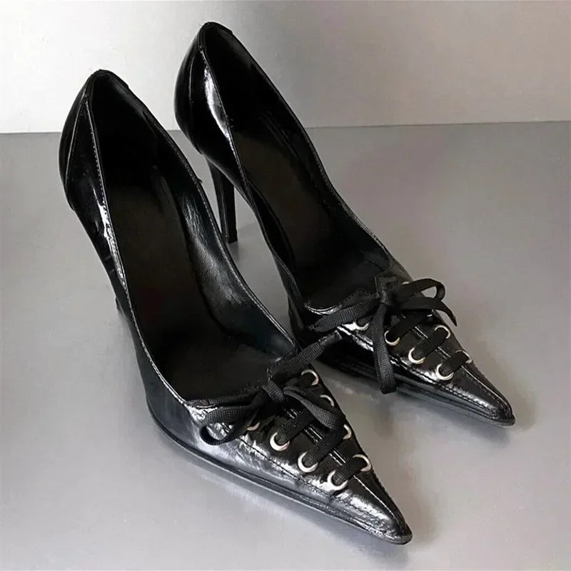 Lbsfy Fashion Bow Tie Design Leather Women Pumps Sexy Pointed Toe Thin High Heels Elegant Banquet Dress Mules Shoes Zapatos De Mujer
