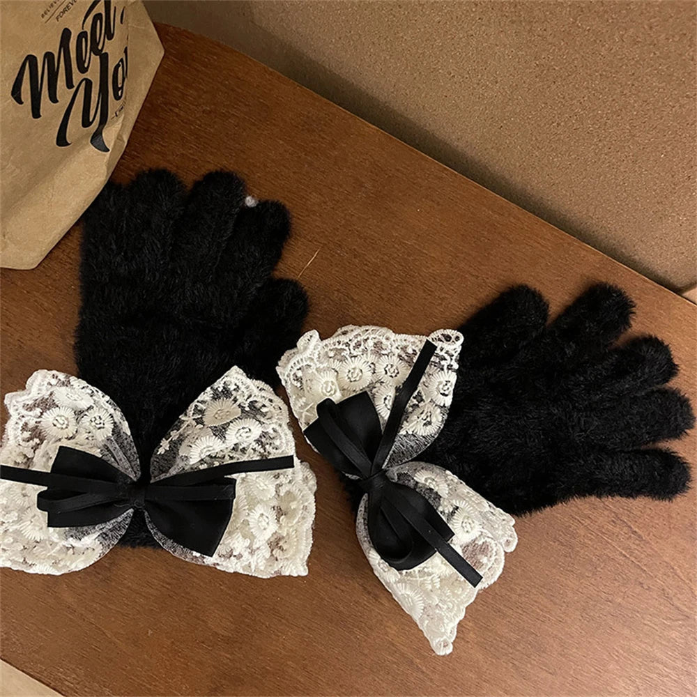 Lbsfy Lolita Winter Warm Knitted Full Finger Gloves Women's Ribbon Ties Lace Touch Screen Gloves Lady Thickened Fleece Woolen Mittens