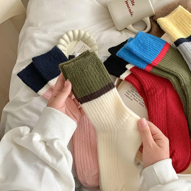 Lbsfy Wool Winter Thick Warm Cute Socks Cotton Korean Wool Stripe Designer Socks Middle Tube Kawaii Casual Harajuku Women Socks
