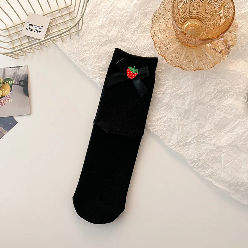 Lbsfy Women Socks Cotto Midtube Socks Black White Solid Color Japanese Harajuku Lolita Style Strawberry Bow Cotton Stockings Girl Gift