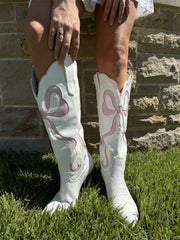 LBSFY  -  Women Pink Pull-on Knee High Cowgirl Boots with Bow  Comfy Women Big Size Cowboy Boots