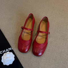 LBSFY -Retro Flat Bottom Mary Jane Shoes Spring Summer New Style Red Slip-On Women's Flats round Toe Low Heel Floral Patterned Pumps