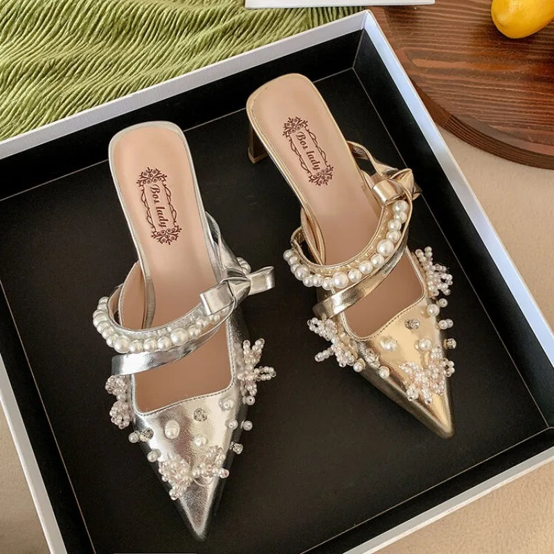 LBSFY  -  2024 Pearl Pink Ballet High Heels Pointed 5cm Slim Heel Skirt Outdoor Banquet Slippers 34-40 Bow Summer Birthday Party Sandals