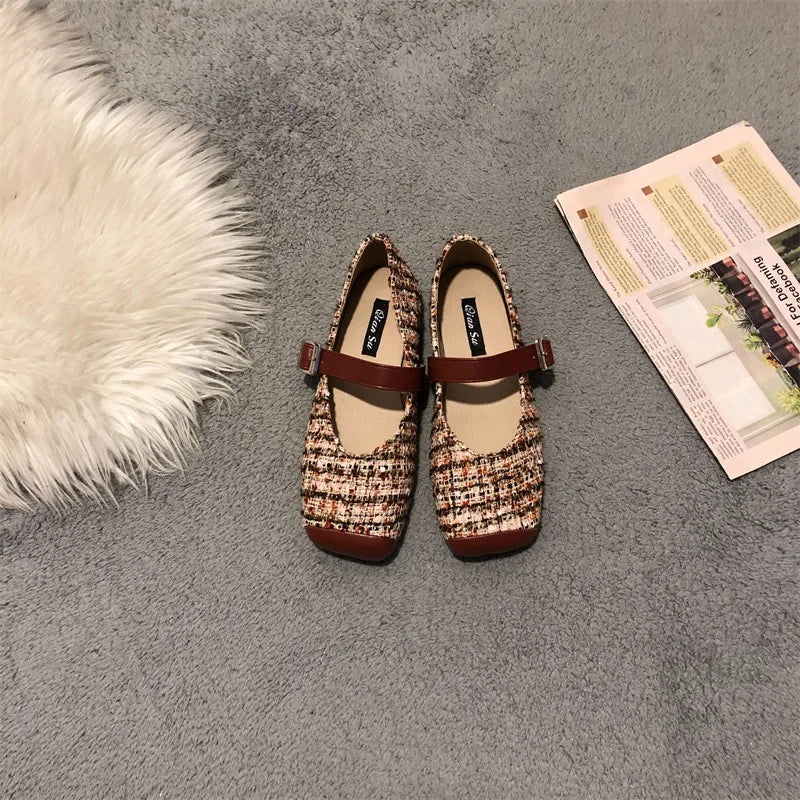 LBSFY  -  New Spring Suqare Toe Flat Shoes Women Mary Jane Fashion Plaid Fabric Ladies Soft Casual Shoes Dress Flat Ballet Girl Zapatillas