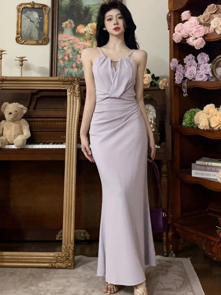 LBSFY -Hollow Elegant Summer Dresses For Women Sexy French Fashion Folds Spaghetti Strap Slim Fit Long Dress Evening Chic Party Robe