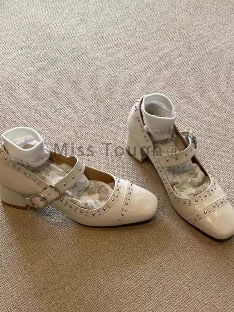 LBSFY  -  Autumn New French Rivet Commuter Pumps Women Elegant High Heel Leather Chunky Shoes Female Vintage Line Band Mary Jane Shoes
