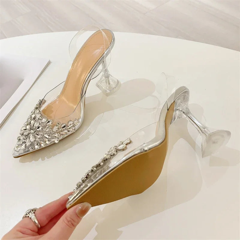 LBSFY -Street Style PVC Transparent CRYSTAL Pointed Toe Women Pumps Elegant Slingback Thin High Heels Banquet Party Shoes