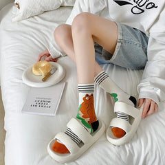 Lbsfy Women Socks Mid-tube Female Graffiti Illustration Stripe Cute Kawaii Harajuku Cartoon Cat Bear Animal Breathable Cotton Socks