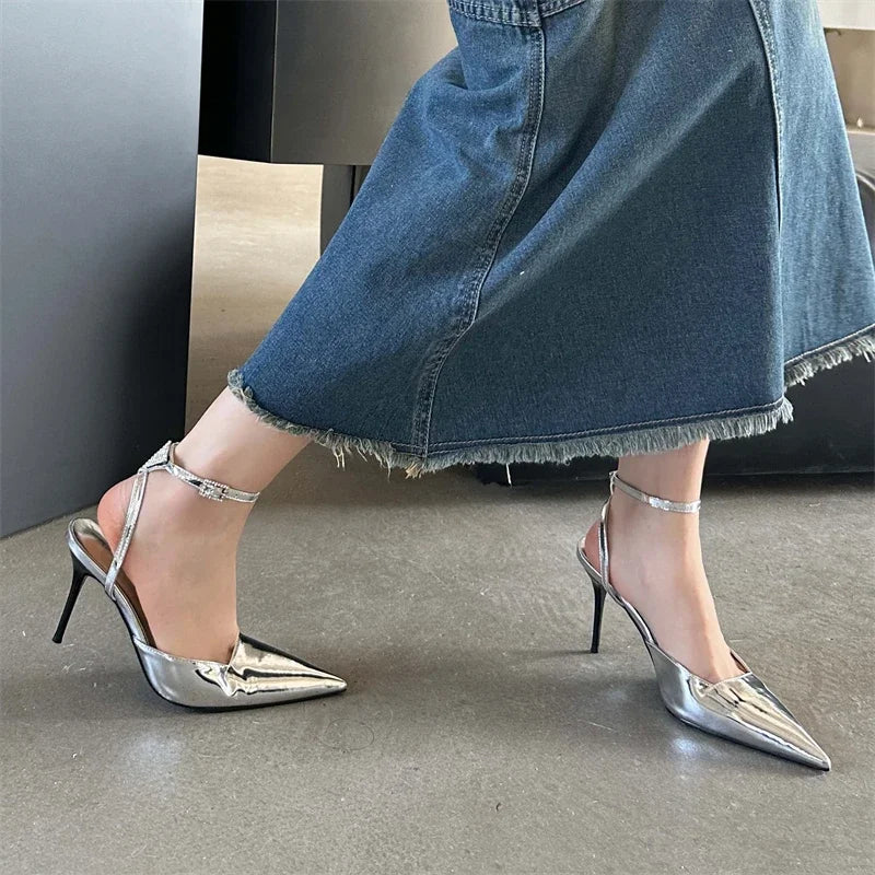 LBSFY -Gold Silver Ankle Buckle Strap Women Pumps Sexy Thin High Heels Pointed Toe Slingback Mules Dress Designer Shoes