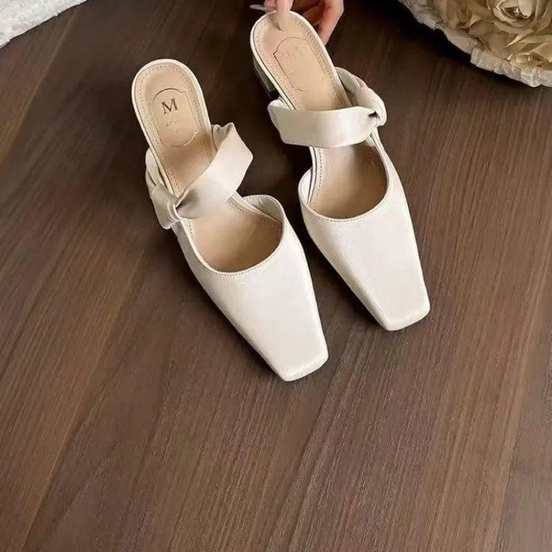LBSFY -Summers New Style Evening Breeze Baotou Half Slippers French Low Heel Women's Shoes Summer New Thick Heel Slippers Zapatos Mujer