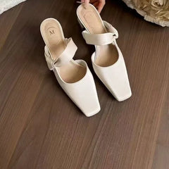 LBSFY -Summers New Style Evening Breeze Baotou Half Slippers French Low Heel Women's Shoes Summer New Thick Heel Slippers Zapatos Mujer