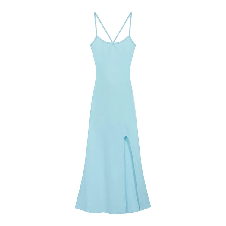 LBSFY -Women's Sexy Split Sling Dresses Summer Korean Backless Square-Collar lim Fit Midi Dress 2025 Basics Holiday Casual Clothing New