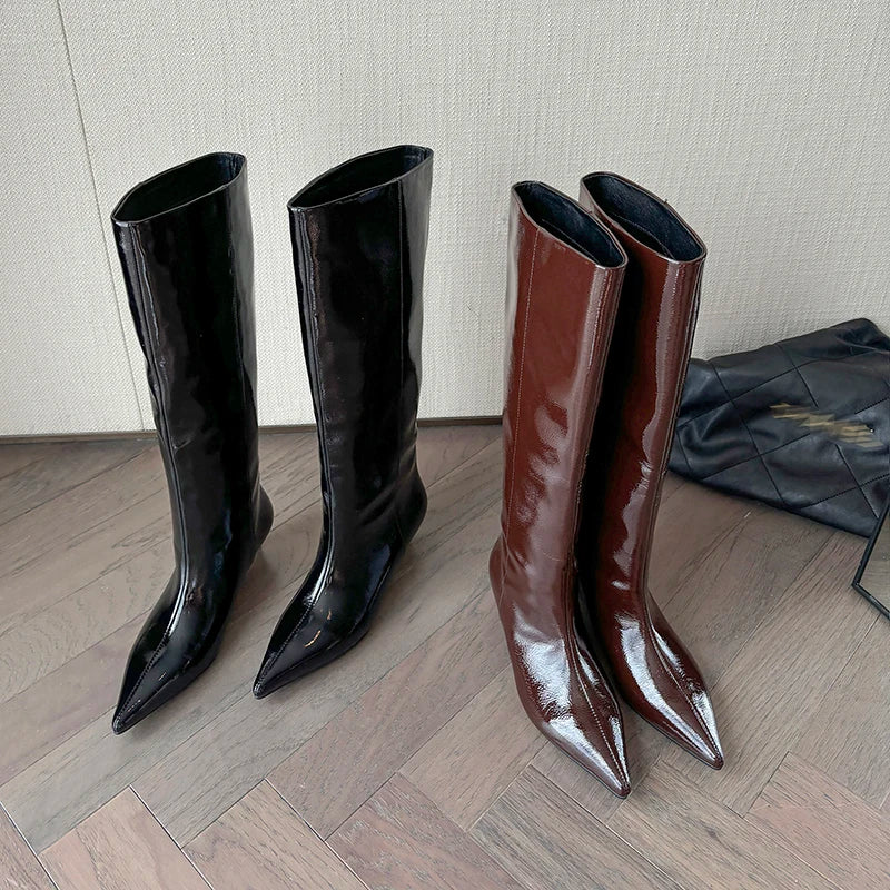 LBSFY  -  Ins Hot Genuine Leather Boots Women Mid Heels Pointed Toe Knee High Boots Slip On Fashion Long Boots Ladies Office Shoe