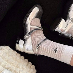 LBSFY -French Silver Mary Jane High Heels Women's Shoes Spring Summer New Style Square Head Thick Heel Buckle Strap High Heels