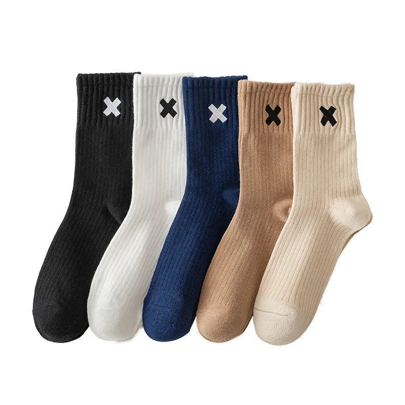 Lbsfy Spring Autumn Winter Men's Sports Mid-tube Short Crew Socks Cotton X Letter Embroidery Long Socks Casual Socks White Black Sox