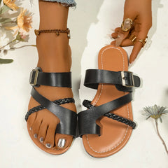 LBSFY -Women Sandals Outside Casual Beach Women Shoes Summer New Flats Flip Flop Sandals Walking Clip Toe Roman Buckle Ladies Slides